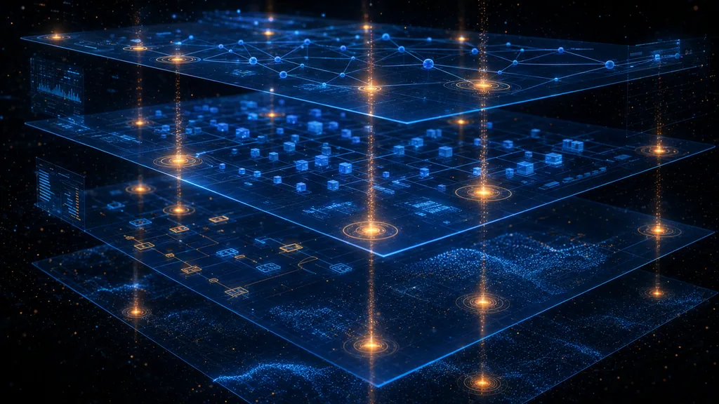 Abstract dark composition with blue model layers traversed by orange audit markers, evoking AI risk control plane in regulated context