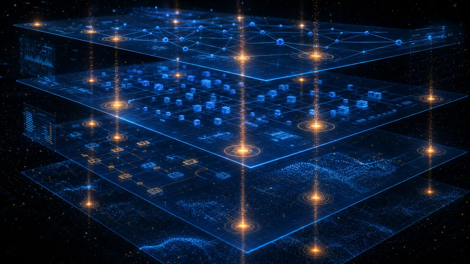 Abstract dark composition with blue model layers traversed by orange audit markers, evoking AI risk control plane in regulated context