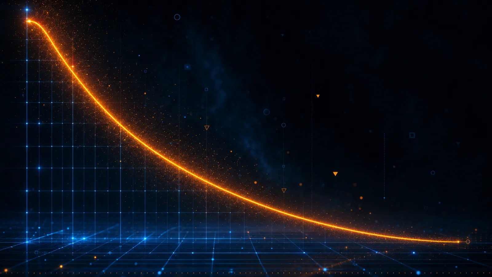 Abstract dark composition with a curved orange loss line bending down across a blue grid, evoking measured risk reduction