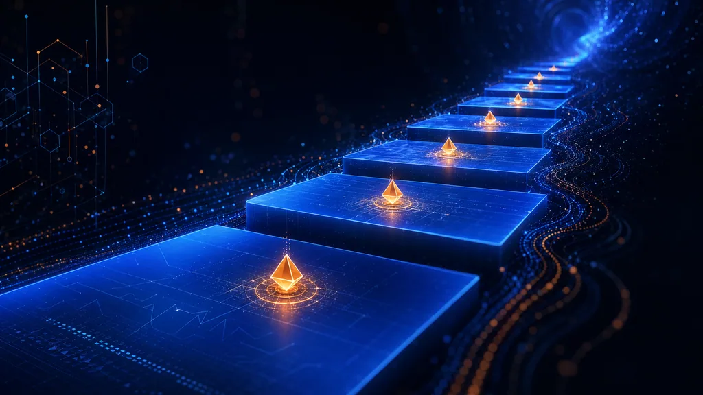 Abstract dark composition with stepped blue clinical evaluation pathways and orange validation checkpoints, evoking SaMD clinical validation map