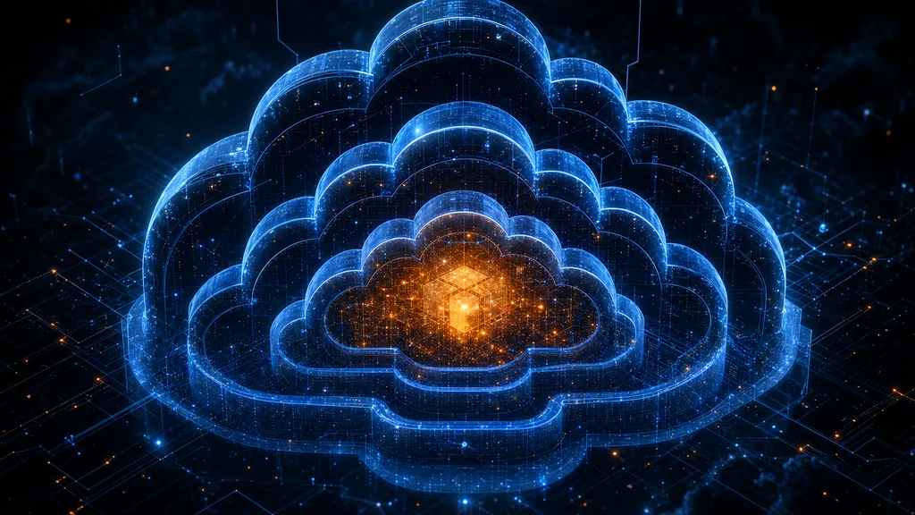 Abstract dark composition with concentric blue cloud-shaped data lattice surrounding a glowing orange core, evoking cloud-native security architecture