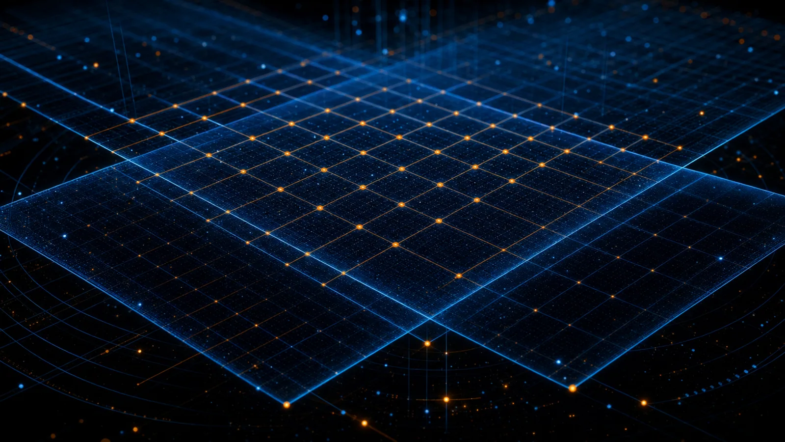 Abstract dark composition with two interlocking blue regulatory grids and orange compliance markers, evoking EU AI Act and MDR overlap