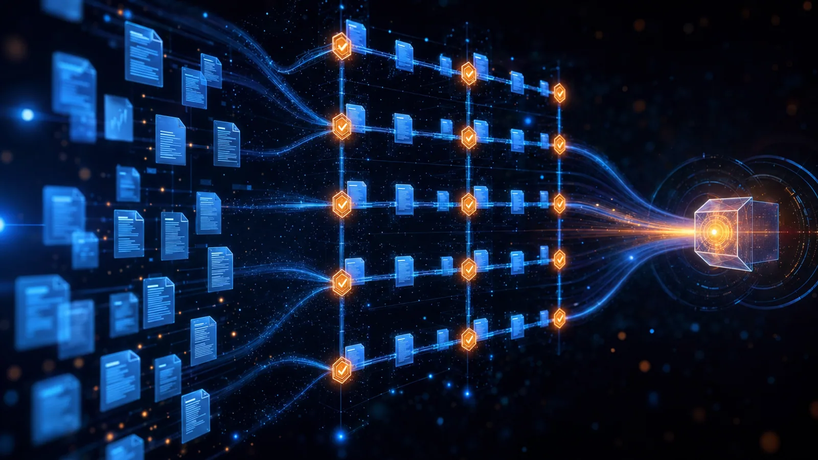 Abstract dark composition with blue regulatory document network and orange checkpoint nodes, evoking FDA submission evidence chain