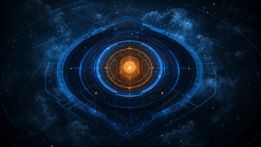 Abstract dark composition with concentric blue identity verification rings around a glowing orange access core, evoking zero-trust identity architecture