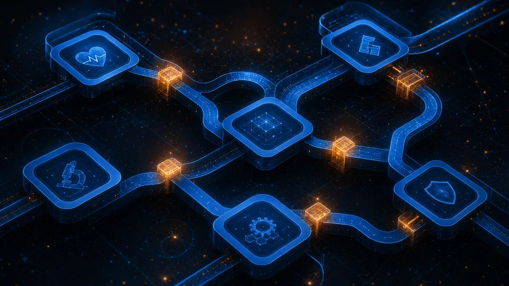 Abstract dark composition with intertwined blue software lifecycle modules and orange safety gate nodes, evoking integrated medical software risk strategy