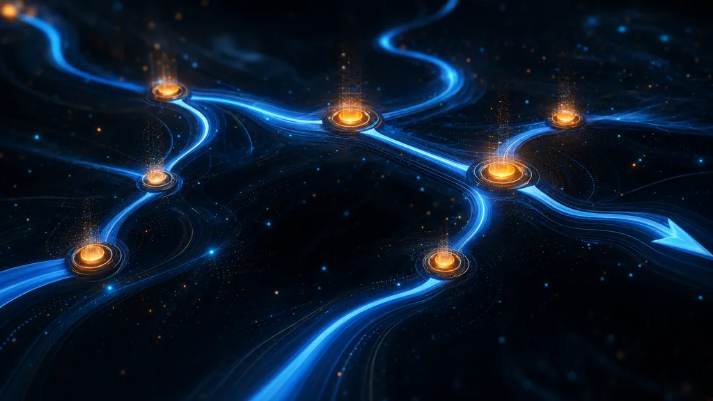 Abstract dark composition with smooth flowing blue process pathways and orange quality checkpoints, evoking accelerated medical-device QMS