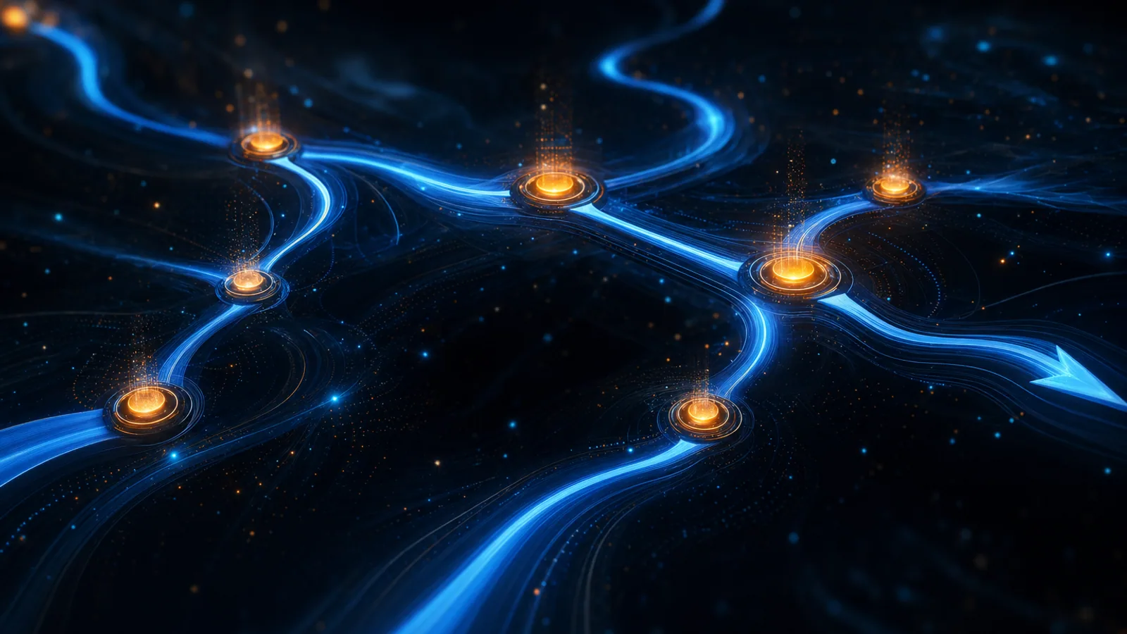 Abstract dark composition with smooth flowing blue process pathways and orange quality checkpoints, evoking accelerated medical-device QMS