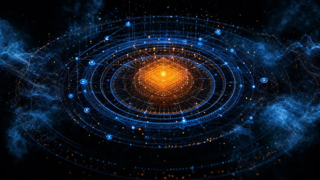 Abstract dark composition with concentric blue governance rings around a glowing orange AI core, evoking AI management system architecture
