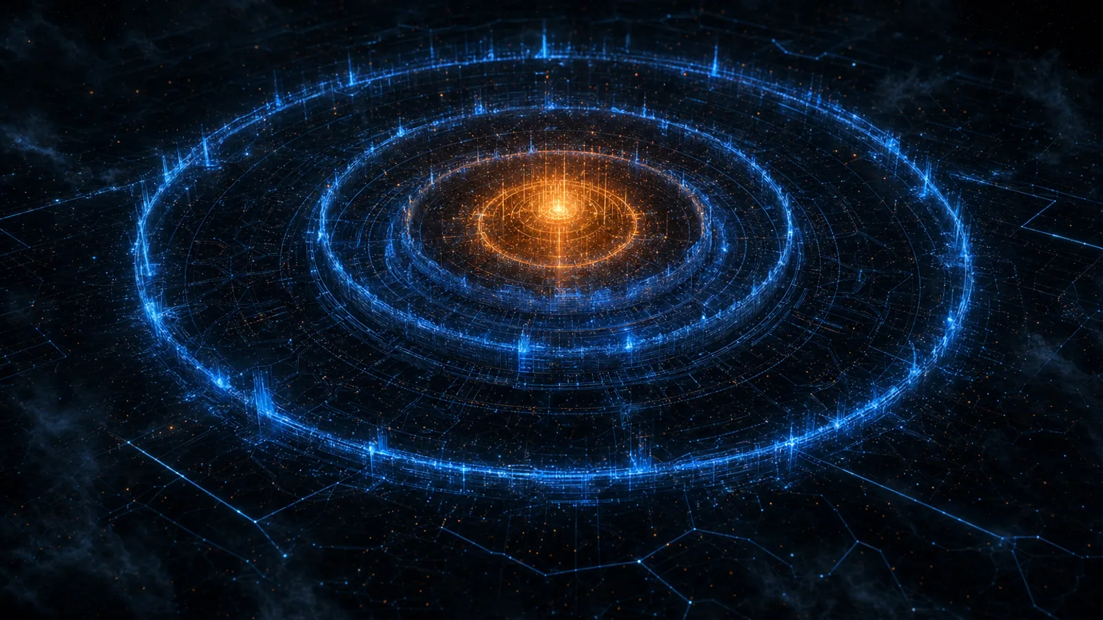 Abstract dark composition with glowing orange and blue circuit traces forming a defensive perimeter, evoking enterprise cyber resilience