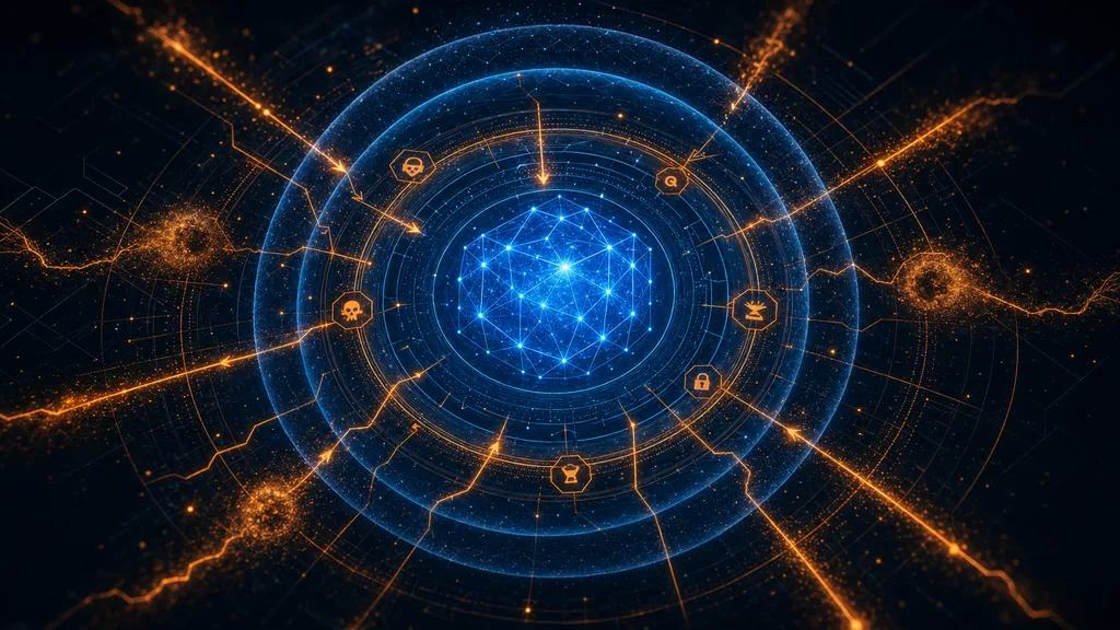 Abstract dark composition with a blue LLM core surrounded by orange exploit-vector traces, evoking GenAI risk surface mapping