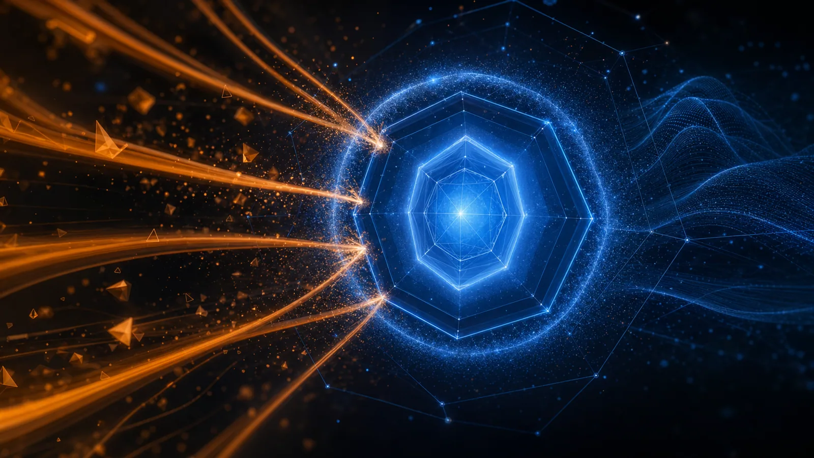 Abstract dark composition with orange adversarial-input traces approaching a blue protected context core, evoking prompt injection defense