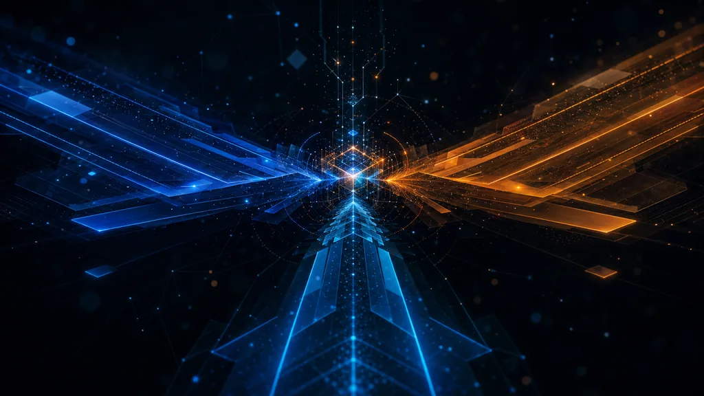 Abstract dark composition with three layered architectural pathways in blue and orange, evoking RAG, fine-tuning, and tool-call paradigms