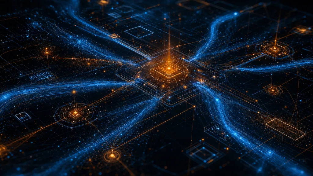 Abstract dark composition with blue event streams flowing through orange detection nodes against a deep starfield, evoking a security operations grid