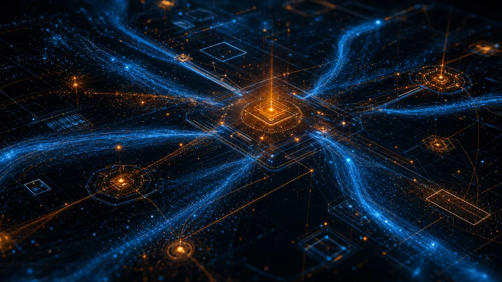 Abstract dark composition with blue event streams flowing through orange detection nodes against a deep starfield, evoking a security operations grid
